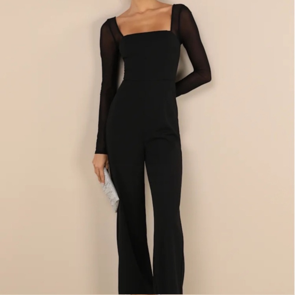 Lulu's Black Wide Leg Jumpsuit with Sheer Long Sleeves
